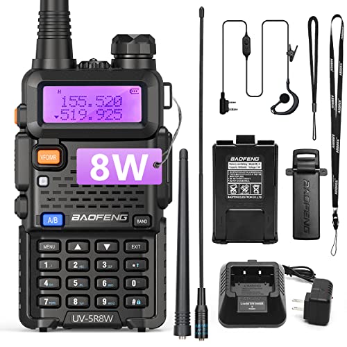 BaoFeng UV-5R 8W Ham Radio Long Range UV5R Handheld Dual Band Walkie Talkies for Adults Rechargeable Two Way Radio Portable Tri-Power Radio for Hunting Survival Gear (Black-8W 1Pack)