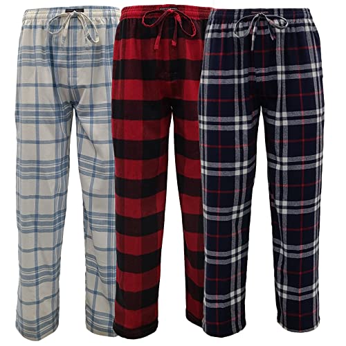 Andrew Scott Men's 3 Pack Cotton Flannel Fleece Brush Pajama Sleep & Lounge Pants (Large, 3 Pack - Plaids, Red/Snow/Black)