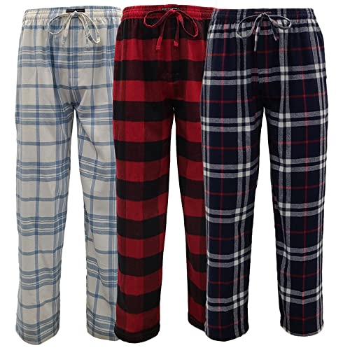 Andrew Scott Men's 3 Pack Cotton Flannel Fleece Brush Pajama Sleep & Lounge Pants (Large, 3 Pack - Plaids, Red/Snow/Black)