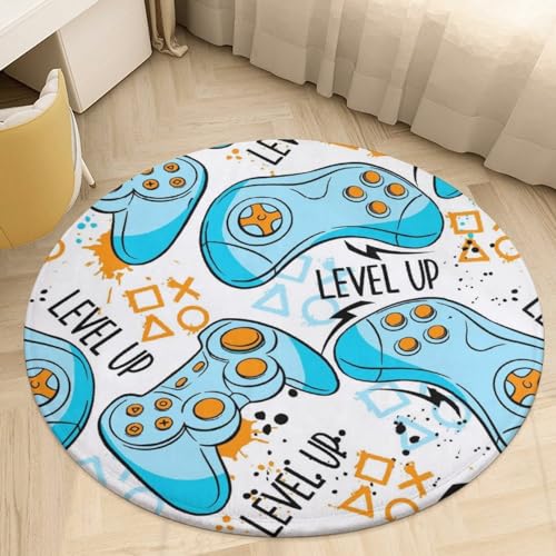 HoaMoya Blue Joystick Gamepad Round Area Rug Video Game Player Circle Rug Carpet Circular Rugs Non Slip Mat for Kitchen Living Room Bedroom Decoration 2 Ft