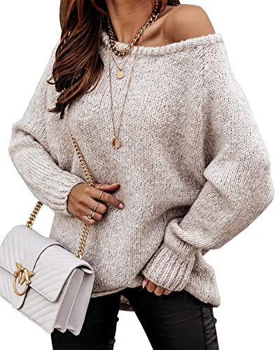 BTFBM Women Casual Long Sleeve Fall Sweaters Crew Neck Soft Ribbed Knitted Oversized Pullover Loose Fit Jumper(Solid Apricot, Medium)