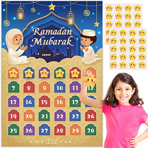 AhfuLife Ramadan Eid Mubarak Countdown Calendar Decoration for Kids, 2024 Eid Mubarak Gift Decorations, 30 Days and 30 Reusable Stars Eid Countdown Poster Wallchart for Home Kids Gift
