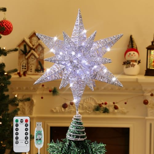 Roylvan Christmas Tree Topper Star, 3D Lighted Tree Topper with 8 Lighting Modes & Timer USB Power Xmas Indoor Decor Ornaments Adjustable Brightness Decor Festival Gift for Xmas Holiday Party, Silver