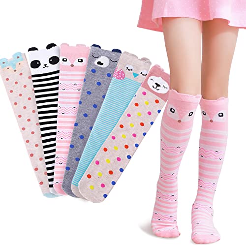 MOGGEI Kids Girls Knee High Socks Gift Long Crazy Silly Tall Funny Boot Cute Animal Child Fun Gift Stocking Stuffer Socks 6 Pairs Girls Socks(Animal A)