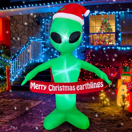 JOYEASE 6 FT Christmas Inflatable Alien with Merry Christmas Earthlings Banner Decorations LED Lighted Xmas Blow Up for Party Indoor Outdoor Garden Yard Decor