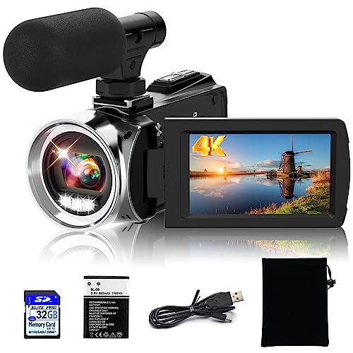Weochi 4K Ultra HD Camcorder, 48MP 30FPS Video Recorder Digital Camera 3 Inch Flip Screen 18X Digital Zoom, Vlogging Camera for YouTube with Microphone,32GB SD Card and 1 Battery