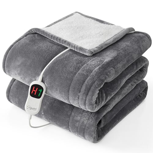 HomeMate Electric Heated Blanket Twin - 62'x84' Heating Bed Blankets Throw with 10 Heating Levels 8 Hours Auto Off Fast Heating Over-Heated Protection Ultra Soft Warm Flannel ETL Certified Grey