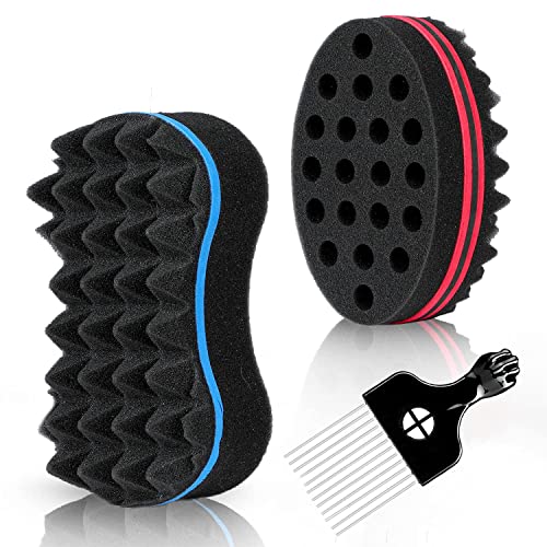 Supaze 3Pcs Hair Sponge Set for Men Women, Curl Brush Twist Sponge for Afro Curls with Metal Afro Pick