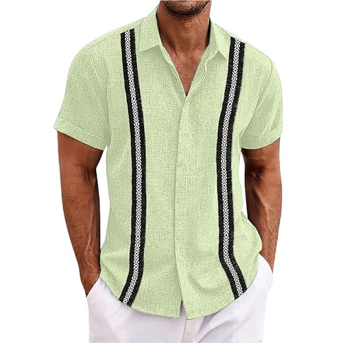 Generic Men's Striped Shirts Casual Short Sleeve Button Down Beach Wedding Shirts Regular Fit Summer Hawaiian Shirts(Green,XX-Large)
