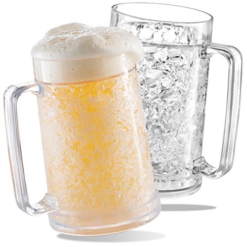 luxail Freezer Beer Mugs, Double Wall, Insulated Gel Plastic Pint Freezable Glasses, 16 oz, Clear 2 pack, Chiller Frosty Cup, Frozen Ice Freezer Mug, Freezer Cups.
