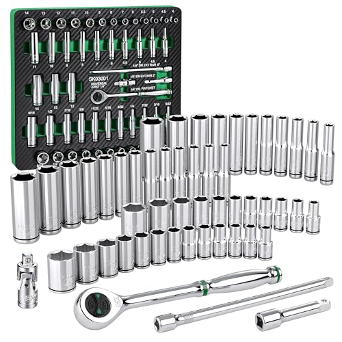 SK 1/4' Drive Socket Set with 160-P Ratchet, 52-Piece, SAE & Metric, SuperKrome Finish, Preminum CR-V Construction, with EVA Foam Tool Organizer