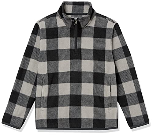 Amazon Essentials Boys' Polar Fleece Quarter-Zip Pullover Jacket, Black Grey Buffalo Check, Large