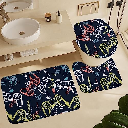 DamTma Color Joystick Gamepad Bath Mat Sets Non Slip Bathroom Game Slogans Text Rugs includes Bath Rug Contour for Toilet Mats U Shaped Bath Mats 24x16 Inch