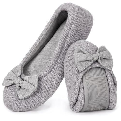 HomeTop Women's Comfy Cotton Knit Memory Foam Ballerina Slippers Light Weight Terry Cloth House Shoes w/Stretchable Heel Design (Medium / 7-8 B(M) US, Gray)
