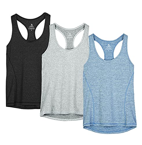 icyzone Workout Tank Tops for Women - Racerback Athletic Yoga Tops, Running Exercise Gym Shirts(Pack of 3)(S, Black/Granite/Blue)