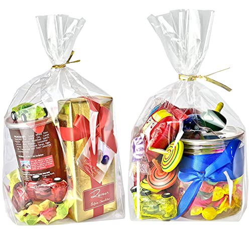 PigPotParty 8'x 11',100Pcs Bottom Gusset Bags, Clear Cello Cellophane Plastic Treat Goodie Bags with 100x Twist Ties, Party Favor Packaging, Return Gift Mug Toy Wrapping (No Side Gusset)