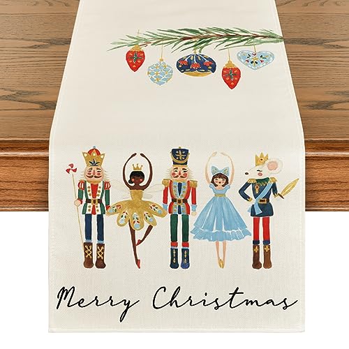 Artoid Mode Watercolor Nutcrackers Xmas Balls Merry Christmas Table Runner, Seasonal Winter Holiday Kitchen Dining Table Decoration for Indoor Outdoor Home Party Decor 13 x 72 Inch