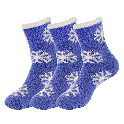 BambooMN X-Large Soft Warm Cozy Fuzzy Snowflake Crew Socks, 06 Blizzard Blast, 3 Pairs