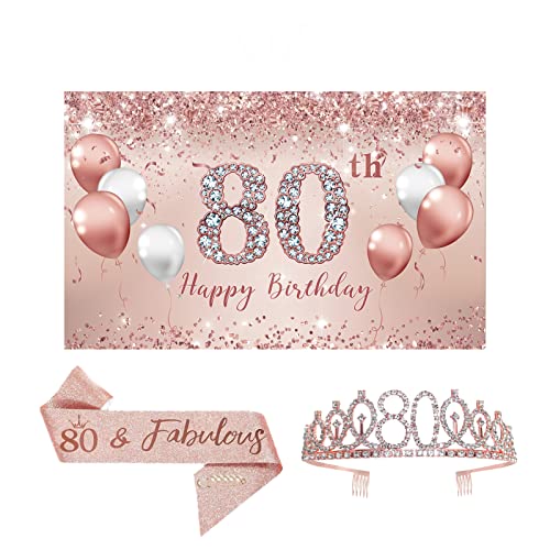 Trgowaul 80th Birthday Decorations for Women, Rose Gold 80th Birthday Backdrop Banner, 80 & Fabulous Sash, 80th Birthday Tiara Crown, Pink Party Supplies, Happy 80 Year Old Birthday Ideas Favor