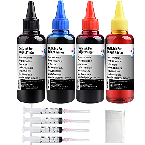 KSUMEI Ink Refill Kit for HP Printer Cartridges HP Ink 952 902 951 950 933 63 62 61 60 901 932 21 22 920 940 934 564 711 970 971 94 95 96,HP Ink Refill Kit (100ml x 4 Bottle) with 4 Syringe