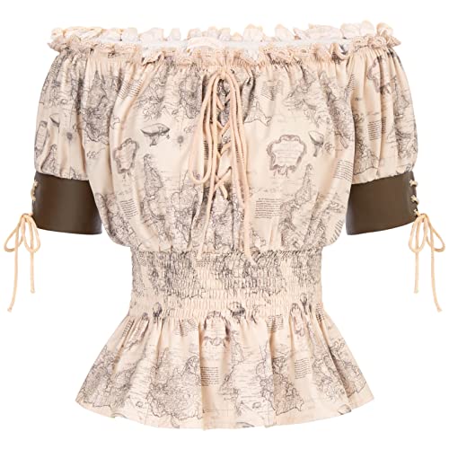 Women's Victorian Blouse Vintage Peplum Top Renaissance Peasant Shirts Beige Map L