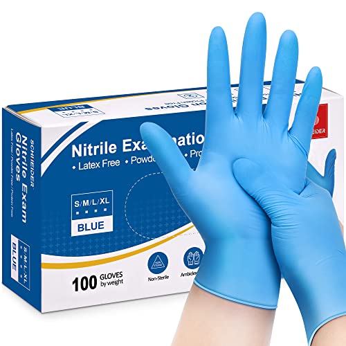 Schneider Nitrile Exam Gloves, 4mil, Blue, XL 100-ct Box, Gloves Disposable Latex-Free, Medical Gloves, Cleaning Gloves, Food Safe Rubber Gloves for Cooking & Food Prep, Powder-Free, Non-Sterile