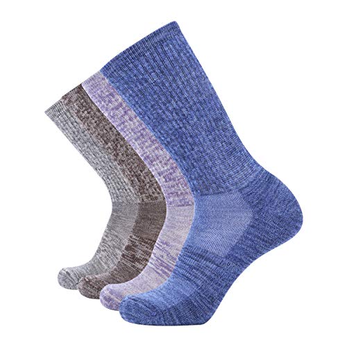 EnerWear 4 Pack Women's Merino Wool Outdoor Hiking Trail Crew Sock (US Shoe Size 4-10, Light Grey/Blue/Multi)