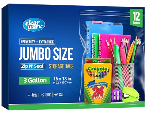 12 Large Plastic Bags With Zipper Top - 3 Gallon Bags 16' x 18', Extra Large Storage Bags for Clothes, Travel, Moving, Large Reusable freezer bags, BPA-Free, 2-mil Thick Clear Plastic Bags