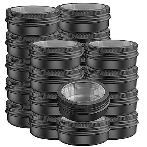 Axe Sickle 20 Pcs 4 Ounce aluminum Tins Jars Containers Round Clear Top Screw Lids Containers for Cosmetic, Salves, Balms, Lip Balm, Spices or Others, Black