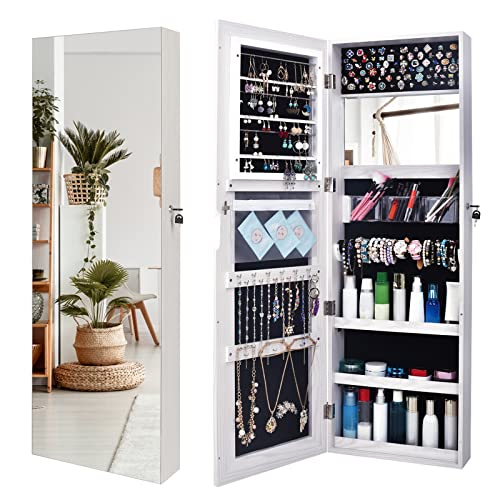 Bonnlo 48” x 15” All Screen Jewelry Armoire Cabinet,Full Length Mirror Display, Beauty Organizer Dressing Makeup,Lockable w/FREE safe key,Wall Mounted or Door Hanging (White)