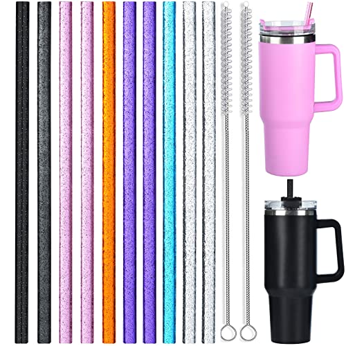ALINK 10 Pack Color Replacement Straws for Stanley 40 oz 30 oz Tumbler, 12 in Long Reusable Plastic Glitter Straws for Stanley Cup Accessories, Half Gallon Jug, Plus 2 Cleaning Brush
