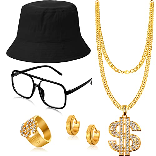 SATINIOR 5 PCS 80s/90s Hip Hop Costume Kit Cool Rapper Outfits Bucket Hat Sunglasses Gold Plated Dollar Sign Chain Ring Earring