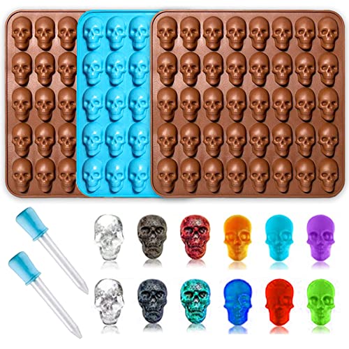 Gummy Skull Candy Molds,3-Pack 40 Cavity Silicone Skull Molds with 2 Droppers for Gummy,Candy,Jelly,Chocolate,Wax Melt,Dog Treats,Ice Cube