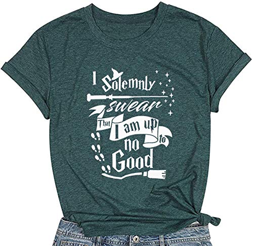 Women's I Solemnly Swear That I Am Up to No Good T-Shirt Funny Halloween Letter Print Tee Tops (Large, Green)