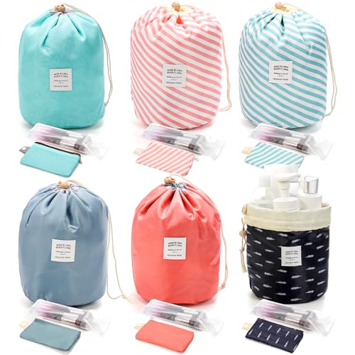 Hedume Set of 6 Travel Makeup Bags with 6 Small Zipper Jewellery Pocket and 6 Mini Transparent PVC Toiletry Pouch, Barrel Foldable Waterproof Cosmetic Organizer, Multifunctional Toiletry Bucket Bag