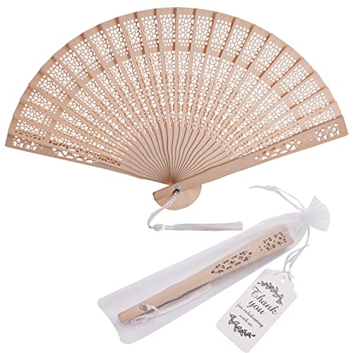 SL crafts 50 Sets Wooden Hand Fan Wooden Folding Fan Favors Wooden Fan with Gift Bags and Thank You Tag and Tassels