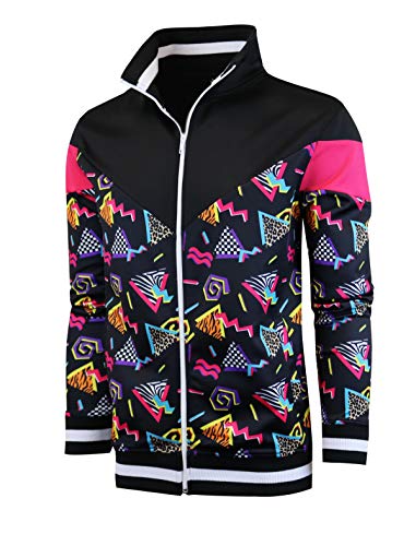SCREENSHOT-F11904 Mens Urban Hip Hop Premium Track Jacket - Slim Fit 80's Retro Pattern Print Streetwear Fashion Top-Black/Pop-3XLarge