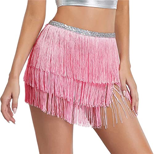 Kakaco Fringe Belly Skirt Sequin Tassel Dance Skirt Short Belly Hip Scarf Rave Party Skirts for Women and Girls (D-Pink)