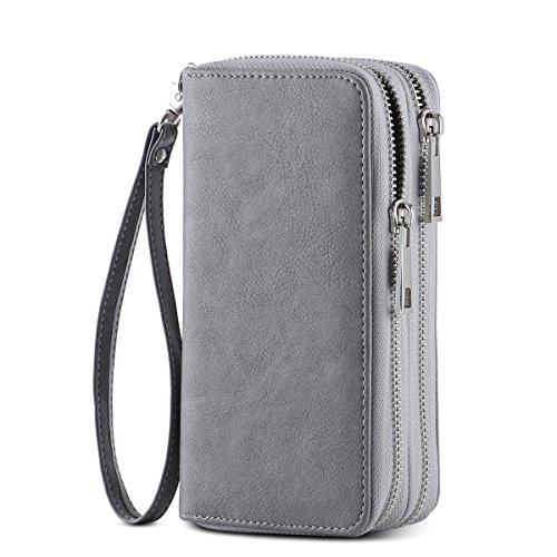 HAWEE Cellphone Wallet Dual Zipper Wristlet Purse with Credit Card Case/Coin Pouch/Smart Phone Pocket Soft Leather for Women or Lady, Grey