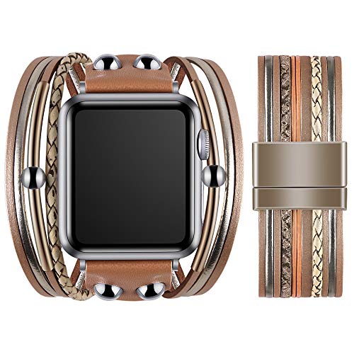 VIQIV Bracelet Band Compatible with Apple Watch Band 38mm 40mm 41mm 42mm 44mm 45mm 49mm Ultra for Women, Beaded Jewerly Fancy Leather Cuff Dressy Pretty Straps for iWatch Series SE 9/8/7/6/5/4/3/2