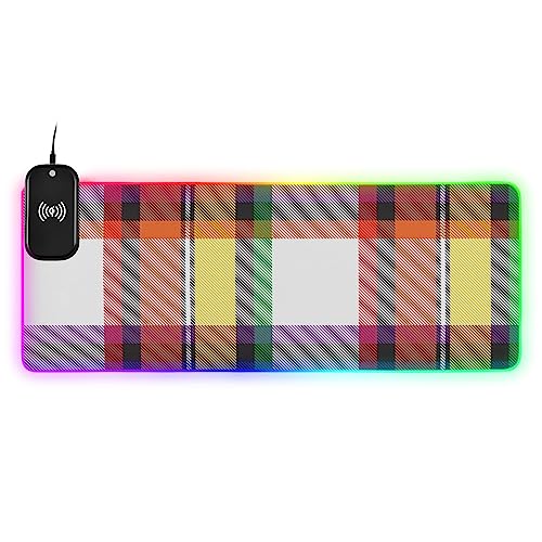 Trendy Buffalo Plaid Wireless Charging Mouse Pad for Mobile Phone Extra Large Gaming Mousepad with 13 Lighting Modes Keyboard Mat for Gaming MacBook PC Laptop Desk Office Home