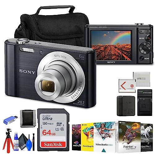 Sony Cyber-Shot DSC-W810 Digital Camera (Black) (DSC-W810/B) + NP-BN1 Battery + 64GB Card + Corel Photo Software + Case + Charger + Card Reader + Flex Tripod + Cleaning Kit + Memory Wallet (Renewed)