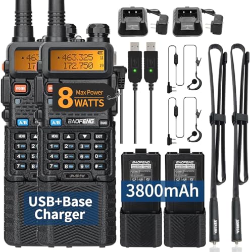 BAOFENG UV-5R 8W Ham Radio Long Range Dual Band Portable High Power 3800mAh Rechargeable Walkie Talkies Handheld Two Way Radio with Earpiece,2Pack