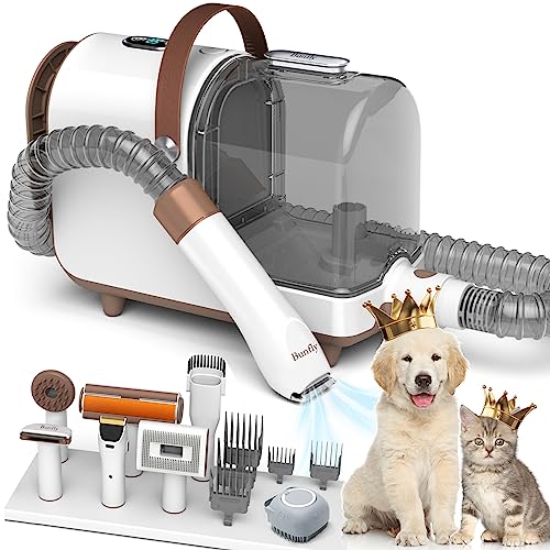 Bunfly Dog Grooming Kit,13000Pa Strong Grooming & Vacuum Suction 99.99% Pet Hair, 7 Pet Grooming Tools for Dogs Cats, 3L Large Capacity Dust Cup, Quiet Pet Vacuum Groomer（Brown&White）