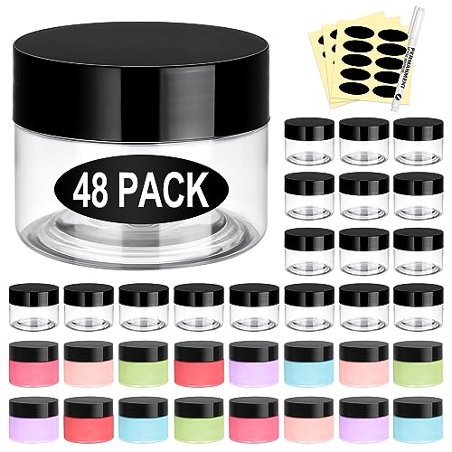 Eupako 48 Pack Plastic Jars with Lids 2 OZ - Empty Clear Cosmetics Containers with Pen and Labels, Round Small Plastic Jars with Screw On Lids for Slime, Makeup, Butter, Cream, Lotion, Pot, Dry Food