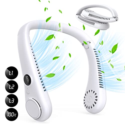 LAESO Foldable Portable Neck Fan - Rechargeable Folding Hands Free Cooling Bladeless Personal Fan Battery Operated, LCD Display 3 Speeds USB Wearable Quiet Fan for Women Men Gifts Outdoor Indoor