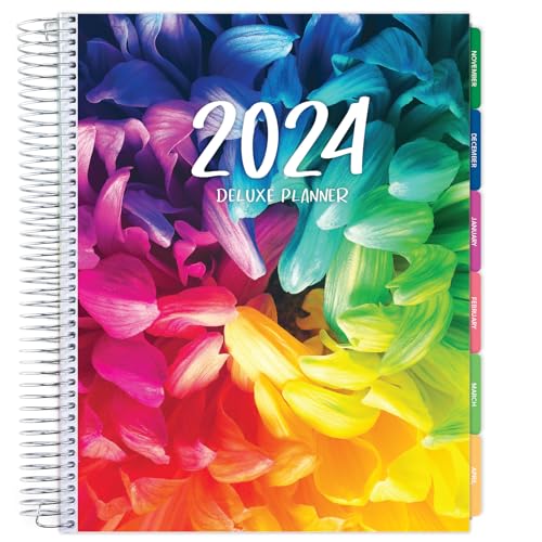 Deluxe Planner: 14 Months (Nov 2023 Through Dec 2024) 8.5'x11' Includes Page Tabs, Bookmark, Planning Stickers, Pocket Folder Daily Weekly Monthly Planner Yearly Agenda (Rainbow Petals)