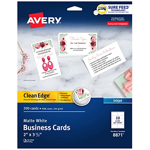 Avery Printable Business Cards, Inkjet Printers, 200 Cards(Pack of 1), 2 x 3.5, Clean Edge, Heavyweight (8871)