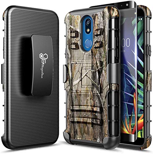 NZND Case for LG K40 LMX420, LG Solo 4G LTE L423DL/K12 Plus/X4 2019/Xpression Plus 2 (AT&T)/Harmony 3 with Tempered Glass Screen Protector, Belt Clip Holster, Shockproof Protective Armor Case (Camo)