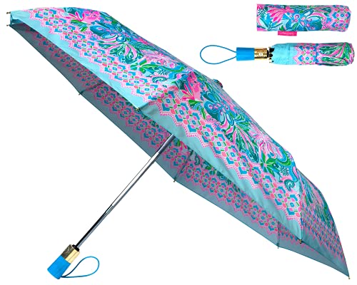Lilly Pulitzer Women's Travel Umbrella with Automatic Open/Close and Storage Sleeve, Golden Hour